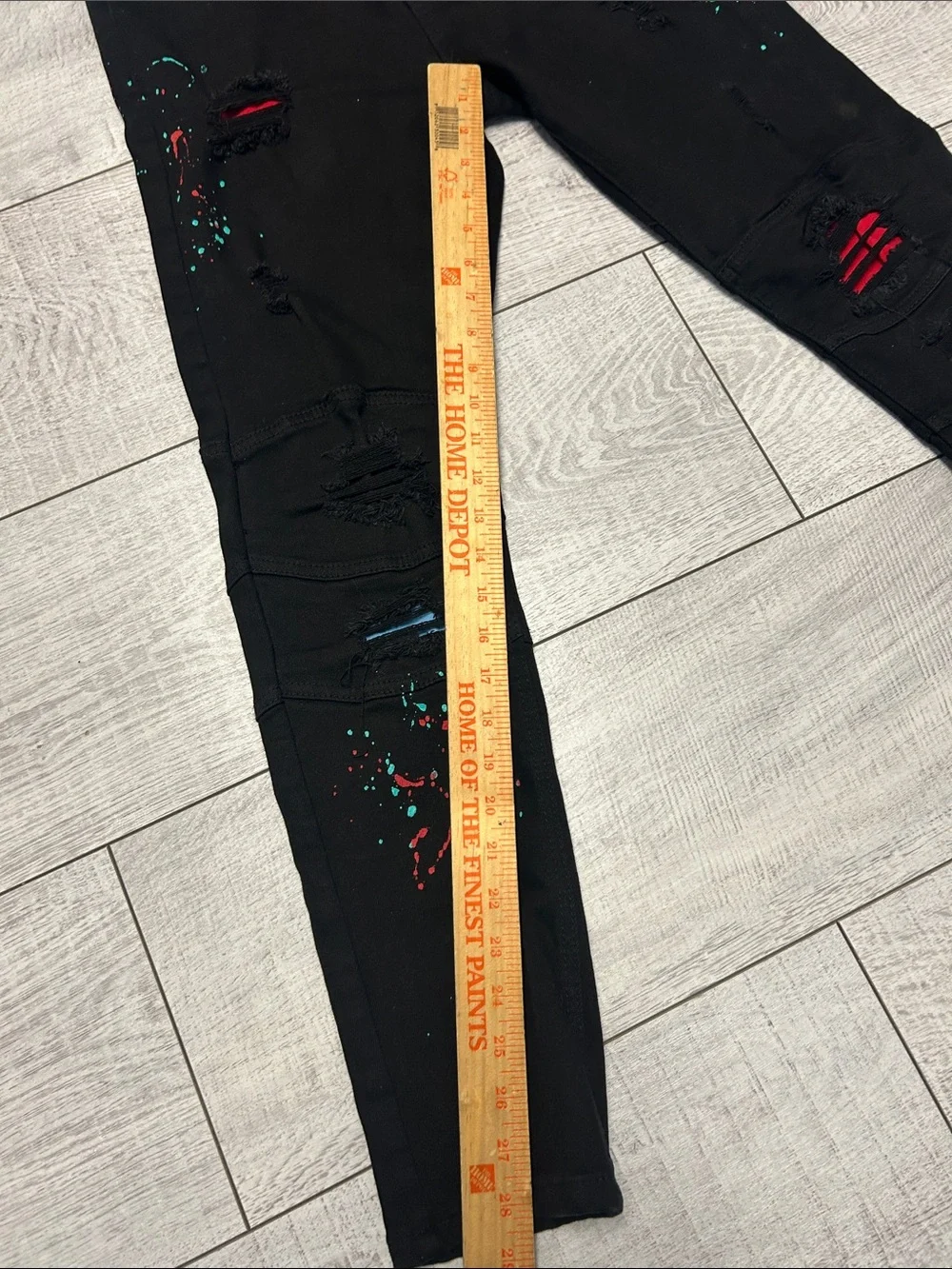 Rue21 Black Distressed Jeans with Red and Teal Paint Splatter